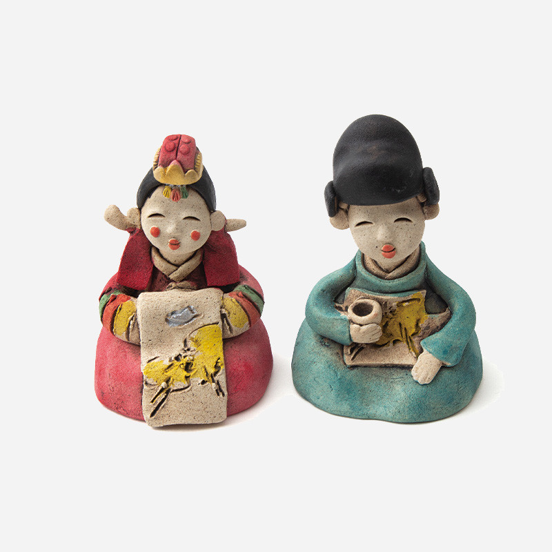 황토인형-작은 신랑신부 - 황토로 구워내 채색한,도자기 기법의 전통인형