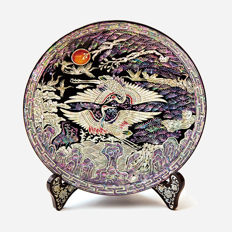 나전칠기 오브제-쟁반 정원속 쌍학